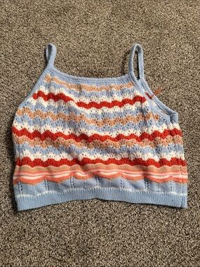 Striped Knit Cropped Tank Top - Light Blue, Red, Peach Shein Size M